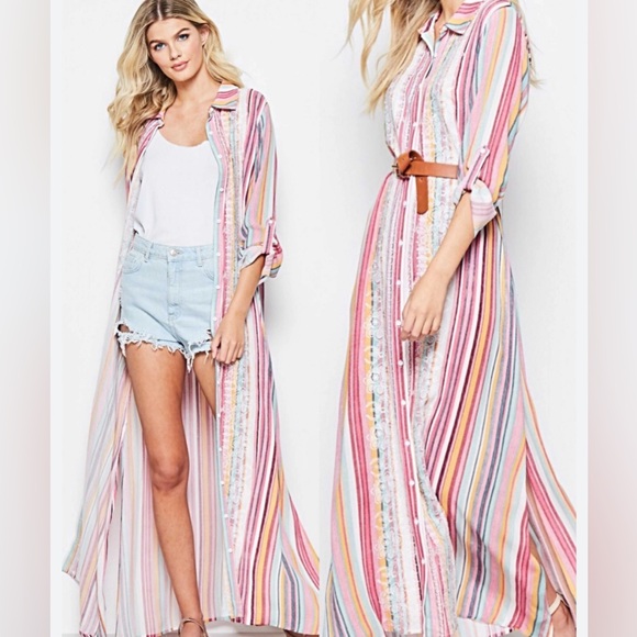 ANDREE BY UNIT Dresses & Skirts - Andree by Unit Boho Embroidered Candy Striped Maxi Dress Duster